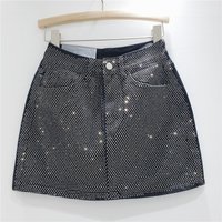 Denim Skirts Women Vintage Mini Skirt Diamonds High Waist Y2k Washed Distressed Pockets Punk A Line 2025 Summer Streetwear