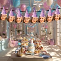 Custom Photo Face Banners with Party Hats, Personalized Fun Paper Garlands,for Birthdays,Graduations,And Anniversary Decorations
