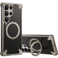 Genuine Aramid Fiber Alloy Corners Rimless Case For Samsunsg Galaxy S25 Ultra Metal 360 Ratating Ring Holder For Magsafe Cover