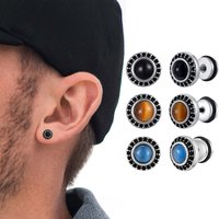 Punk Natural Stone Stud Earrings for Men Boys,Tiger Eye Stone Round Earrings,New Simple Ear Jewelry Gifts