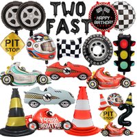Two Fast Letter Number 2 Race Car Balloons Boys 2nd Birthday Decorations Checkered Flag Traffic Cone Foil Balloon Kit Supplies