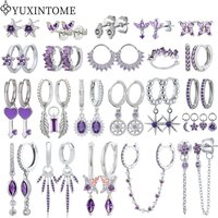 925 Sterling Silver Ear Needle Purple Zircon Crystal Earrings Geometric Pendant Hoop Earrings Luxury Fashion Wedding Jewelry