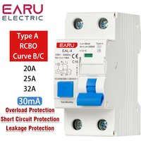 Type A RCBO 2P 30mA Circuit Breaker 20A 25A 32A 230V MCB Residual Current Short Circuit Overload Protection Switch Curve B C