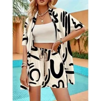 2025 Summer Women's Fashion Casual Striped Round Neck Loose Color Blocked Five Quarter Sleeve Short Sleeved Lace Up Shorts Set