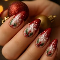 New 24pcs Almond Christmas Red French Dot Snowflake Berry Press-On Nails, Removable False Nails