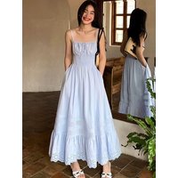 French Chic Women's Retro Maxi Dress Cotton Spaghetti Strap Ruched Waist Hollow Lace Trim Sexy Summer Ladies Vacation Dresses