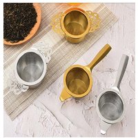 Stainless Steel Double Ear Tea Filter Fine Mesh Flower/Long Handle Tea Infuser with Drip Bowl Easy Clean Food-grade