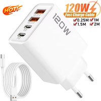 4 Port 120W USB C Fast Charger Station PD QC3.0 Wall Adapter Data Cable For iPhone Samsung Xiaomi Huawei EU US UK Plug Travel