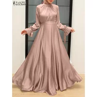 Elegant Muslim Dress Abaya Women Long Dress 2025 ZANZEA Long Sleeve Satin Party Sundress Robe Femme Turkey Hijab Vestidos Kaftan
