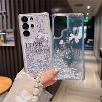 S25 Ultra Case Love Yourself Bowknot Patterned Luxury Liquid Glitter Cover For Samsung S24 S23 S22 Plus Capa With Pearl Strap