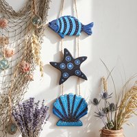 Mediterranean Fish Shell Starfish Wall Hanging Ornaments,Wooden Sea Animal Pendant Home Children's Room Nautical Decor Kids Gift