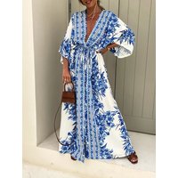 Boho Deep V Neck Waist Drawstring Long Dress Women Spring Pattern Print Vintage Maxi Dress Summer Short Sleeve Loose Beach Dress