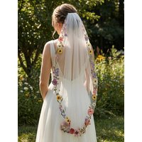 Floral Lace Embroidery Edge Bridal Veil Fingertip Length One Layer Soft Tulle Marriage Veil Wedding Accessories