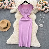 Sexy Summer Knit Strap Dress Women Short Sleeve Elatic Waist Bodycon Sundress Female Beach Backless Long Dress