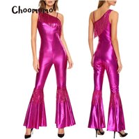 Womens Vintage 70s 80s Disco Dance Jumpsuit Sequin Tassels One Shoulder Hippie Bell Bottom Bodysuit Metallic Shiny Jazz Rompers