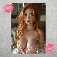 New Trendy HD Metal Wall Art - Sexy Curvy Girl with Long Red Hair in Pink Corset, 2D Flat Tin Sign, Gorgeous Female Portrait wit