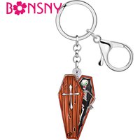 Bonsny Acrylic Halloween Decorations Cross Skull Coffin Keychains Key Chains Rings Fashion Jewelry Bag Charm For Women Men Teens