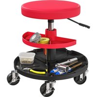 Homcom Drehbarer Werkstattstuhl mit Rollen, höhenverstellbar von 40–51 cm, Mechanikerhocker mit 2 Werkzeugablagen, Tragkraft 135 kg, für Garage, Autoreparatur, rot.