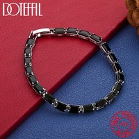 DOTEFFIL 925 Sterling Silver Black Square Crystal Jewelry Accessory Unisex Brand Fashionable Gemstone for Men And Women