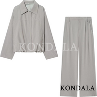 KONDALA Women Trendy Stripe Pants Set Zipper Lapel Pockets Jacket Long Straight Pants New Fashion 2026 Spring Commute Pants Set