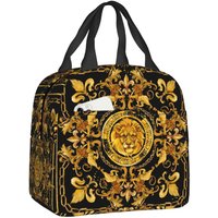 Custom Golden Lion And Damask Ornament Portable Lunch Boxes Women Multifunction Baroque Cooler Thermal Food Insulated Lunch Bag