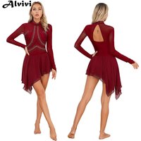 Womens Figure Skating Dress Long Sleeve Rhinestone Sheer Mesh Leotard Dresses Dancewear for Ballet Gymnastics Lyrical Dance