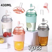 1pc 430ml Portable Flip Straw Cup Plastics Ins Style High-Capacity Water Bottles Tea Coffee Milk Heat-Resistant Juice Jelly Cups