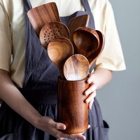 Wooden Kitchenware Cooking Shovels Spoon Colander Kitchen Utensils Set Household Cutlery Rack Teak Natural Wood Cookware