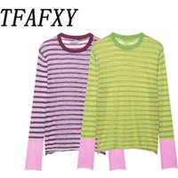 TFAFXY Casual Translucent Stripe Knitted Women Loose Top 2026 Spring Long Sleeve O-Collar Female Pullovers Y2K