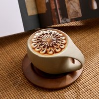Japanese Style Rough Pottery Modern Art Coffee Cup with Wood Saucer Rounded Handle Big Belly Latte Cup Vintage Matte Drink Mug