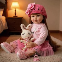 Dolls Girls 24 Inch 60cm Soft Silicone Vinyl Real Life Long-haired doll in red dress Toddlers Dolls Newborn Toys Xmas Gifts
