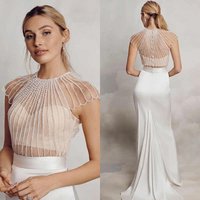 Women Wedding Bolero Jacket Pearls Beads Short Sleeve Lace Bridal Wear Wraps Boho Customized Accessories