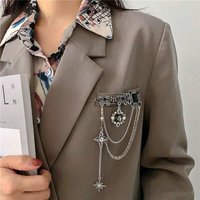 fashion black gemstone sparkling rhinestone star tassel chain brooch unisex suit pin accessories jewelry