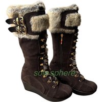 Lady Brown Suede Fur Zipper Wedges Heel Boots Fur Feather Buckle Strap Footwear Platform Fall Retro Style Fall Boots Size 34-46