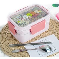 Boîte à lunch de dessin animé avec motif aléatoire, acier inoxydable, double couche, récipient alimentaire, portable, enfants, pique-nique, école, bento