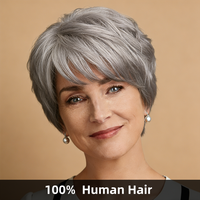 Silver Gray Pixie Cut Wig for Senior Women 100% Real Human Hair,Full Machine Made 4 Inch Short Straight Wig with Wispy Bangs