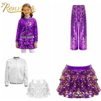 Kids Girls Party Street Clothes Sets Glittery Sequin Outfits Jazz Dance Costume Childs Baseball Jackets Outerwear Ruffled Skirts