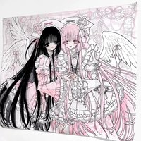 Ins style black and pink twin angels wall hanging, high-end rental room/dormitory wall tapestry, girly decorative fabric.