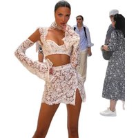 Sexy Lace Hollow Out Skirt Set Women Square Collar Ribbon Crop Top A-line Mini Split Skirt Female Sets 2025 Summer Lady Suit