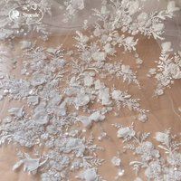 -White 3D Chiffon Flowers Beaded Sequins Embroidered Lace Fabric . Wedding Dress Shining Bride Fabric RS250481