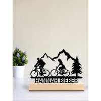 AliExpress NONE 1pc Romantic Personalized Custom Mountain Bike Couple Metal Statues Metal Art With Wooden Base Ideal For Campers, Hikers, Nature