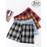 3pcs Random Men's Underwear Men's Shorts Breathable Checkered Woven Boxer Men's Underwear Plus Size Pajamas Sleepwear Home
