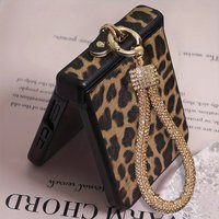 Leopard Leather with Diamond Plated Strap Lanyard Back Cover for Samsung Flip 7,7 FE , 6, Flip 5, Flip 4, Flip 3 5G Phone Case