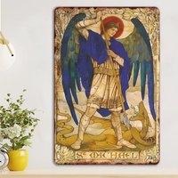 Vintage Aluminum Archangel Michael Sign | Portrait Metal Wall Art | Durable Decor for Home & Religious Interiors