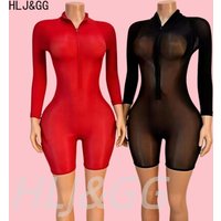 HLJ&GG Sexy Hot Mesh See Through Bodycon Zipper One Piece Rompers Women Long Sleeve Slim Stretchy Jumpsuits Lady Party Clubwear