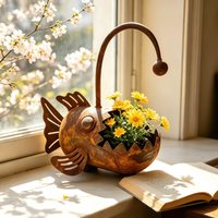 Rustic Metal Planter Funny Fish Decoration Rustproof Metal Yard Art Planter for Balcony Courtyard Garden Lawn Patio Flower Bed