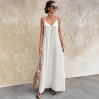 Elegant Sling Long Dresses Women Backless Sexy Sleeveless Suspender Maxi Dresses Summer Fashion Solid V-Neck Beach Dresses Robe