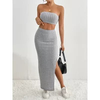 Spring Summer Fashion Casual Ribbed Knit Solid Color Tube Top And Split High-Waist Skirt