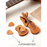 Custom Engraved Wooden Guitar Pick Holder with Picks Personalized Guitar Shaped Case for Guitarist Music Lover Gift