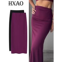 HXAO Midi Skirts for Women Purple High Waist Pencil Skirt Slit Bodycon Skirt Office Street Wear Summer Skirt 2025 Women's Skirt